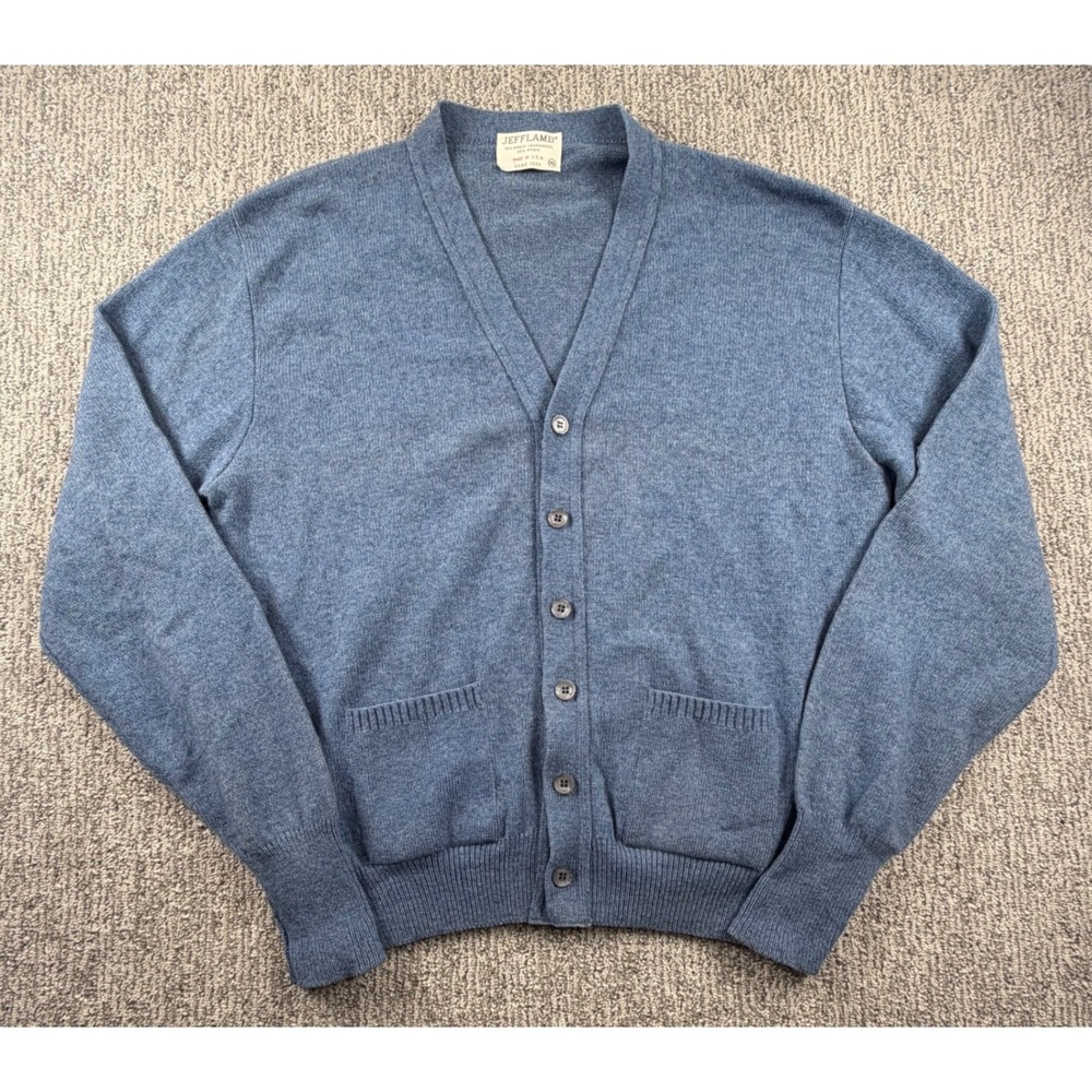 Lord Jeff Cardigan Sweater Men XL Blue Virgin Lambswool Blend V-Neck USA Made